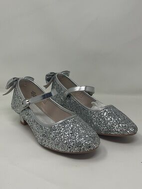 Girls Silver Glitter Mary Jane Heel Dress Shoes with Bows NEW